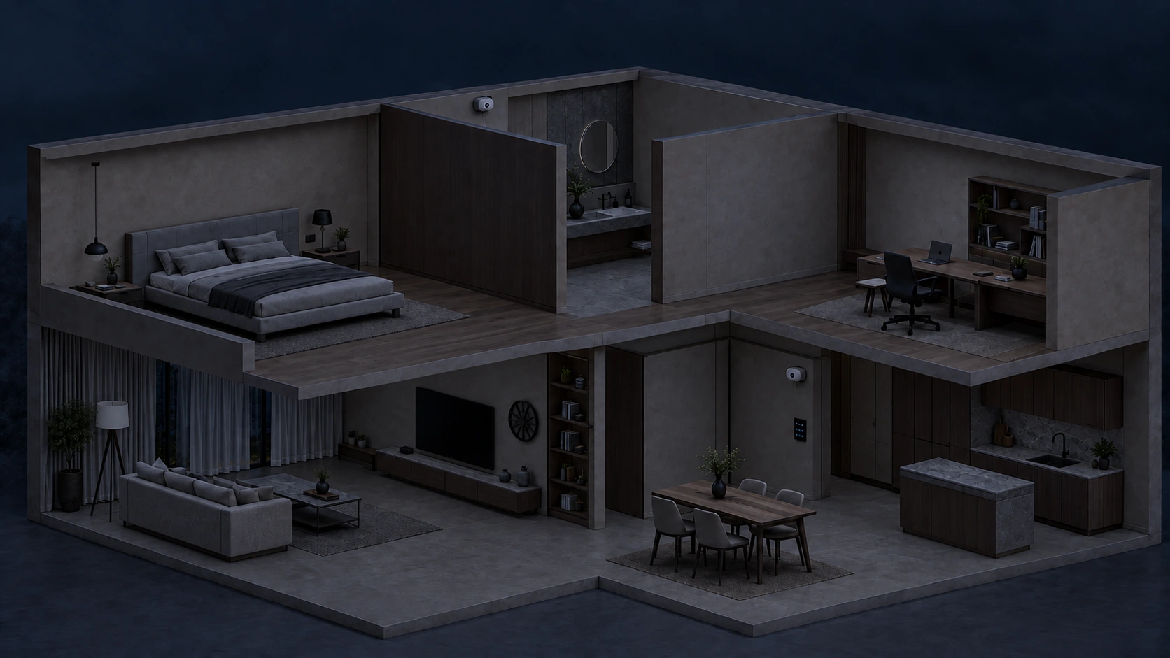 Casa en corte con sala, comedor, cocina, recámara y estudio; luz indirecta, lámparas, sensores y panel de control AKIRA.