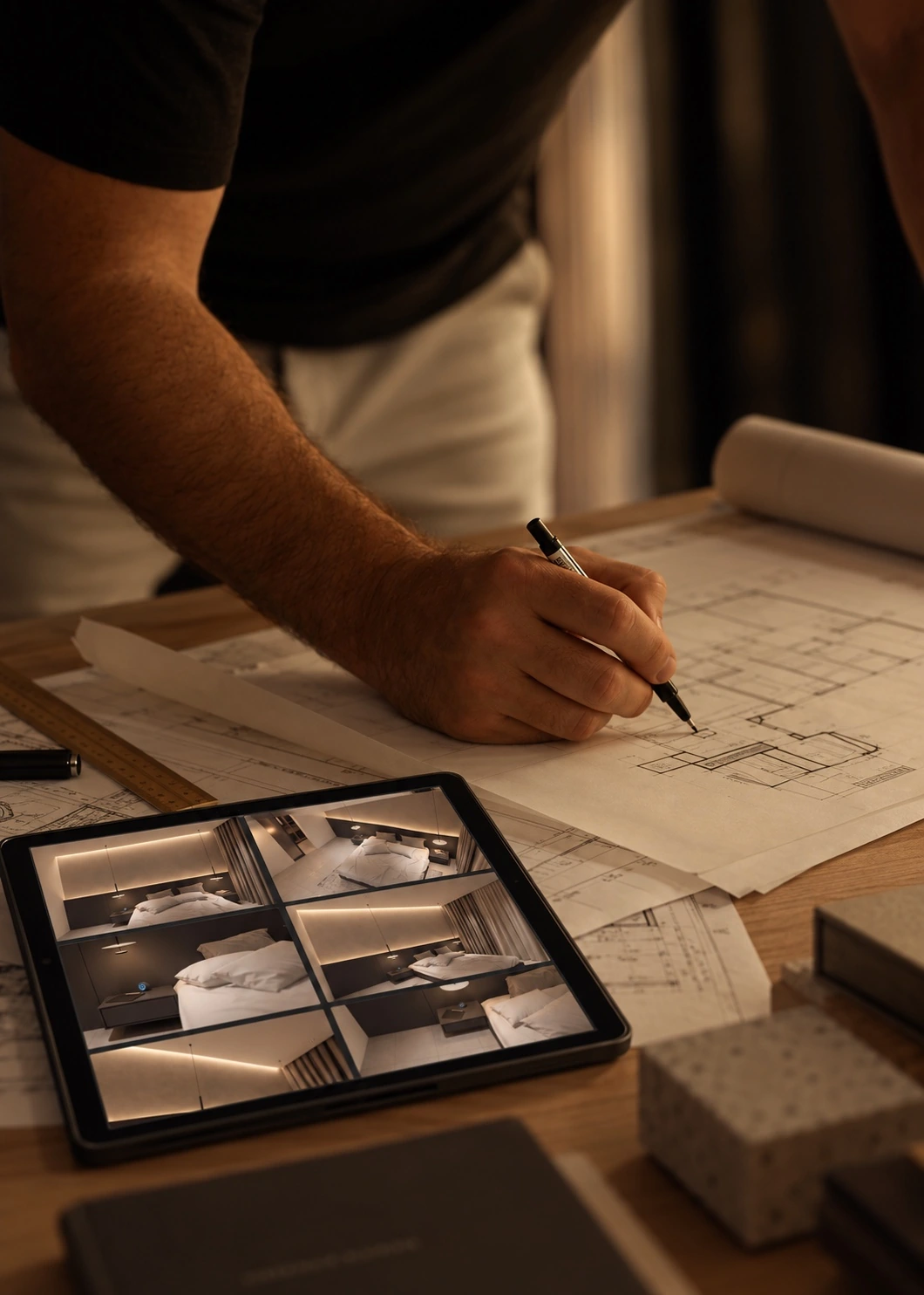 Diseño de iluminación sobre planos arquitectónicos y tablet con propuestas de iluminación para un dormitorio